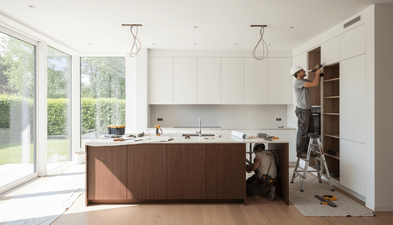 Two workers installing white cabinets and a wooden island in a bright, modern kitchen.
