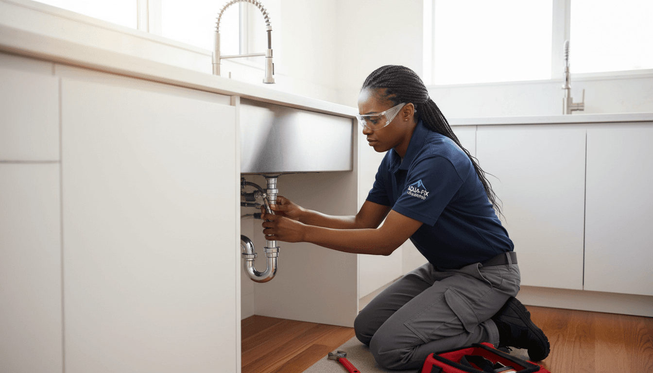 Plumbing repair being performed in home kitchen