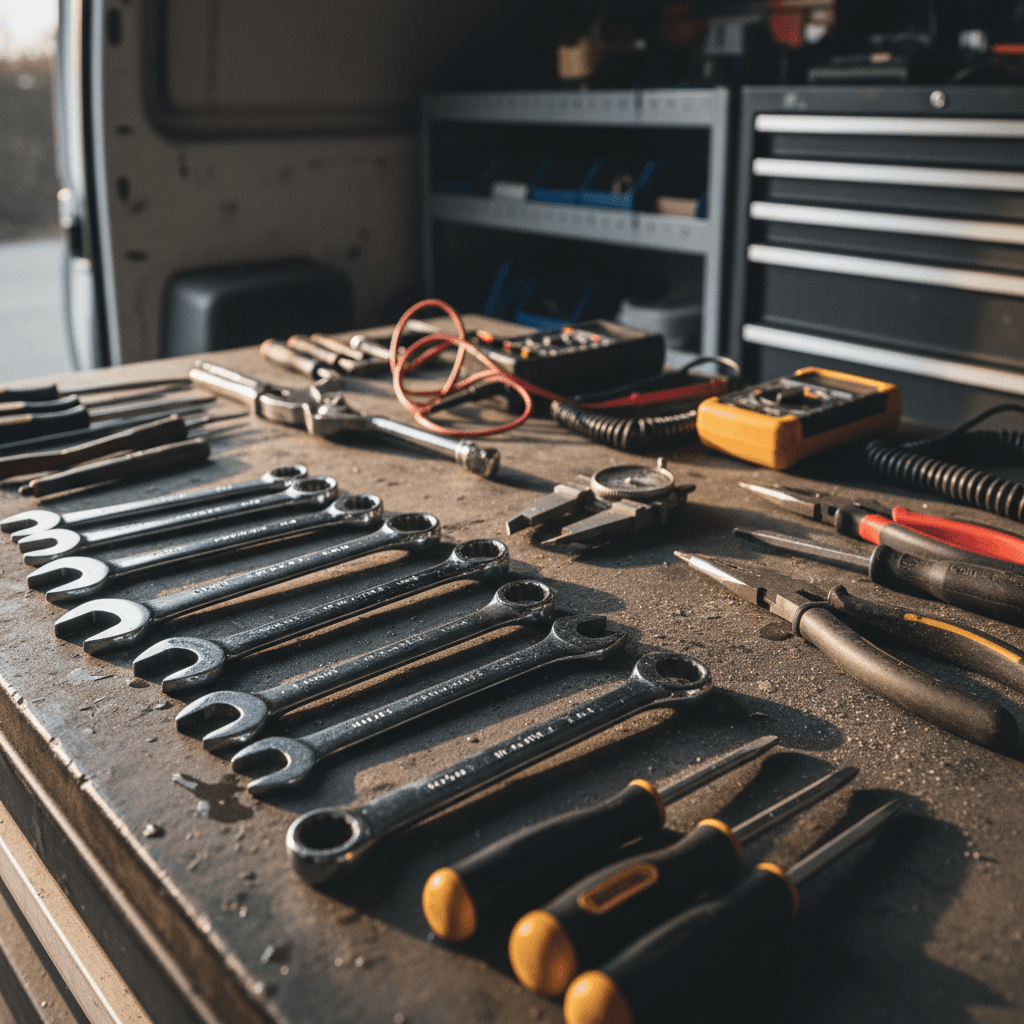 Professionally organized toolkit with wrenches, pliers, and diagnostic instruments arranged on work surface