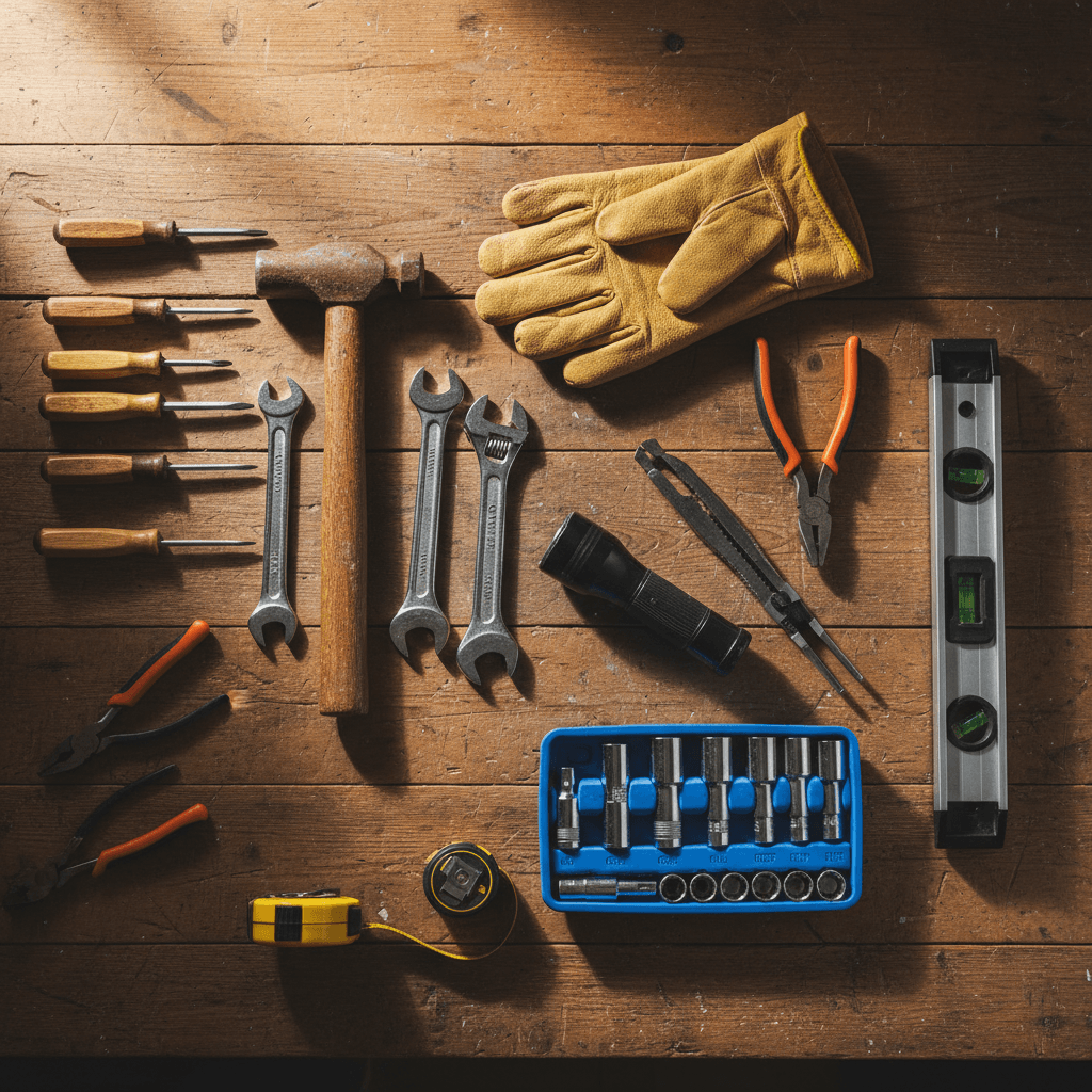 Organized collection of hand tools and equipment neatly arranged on wooden workbench