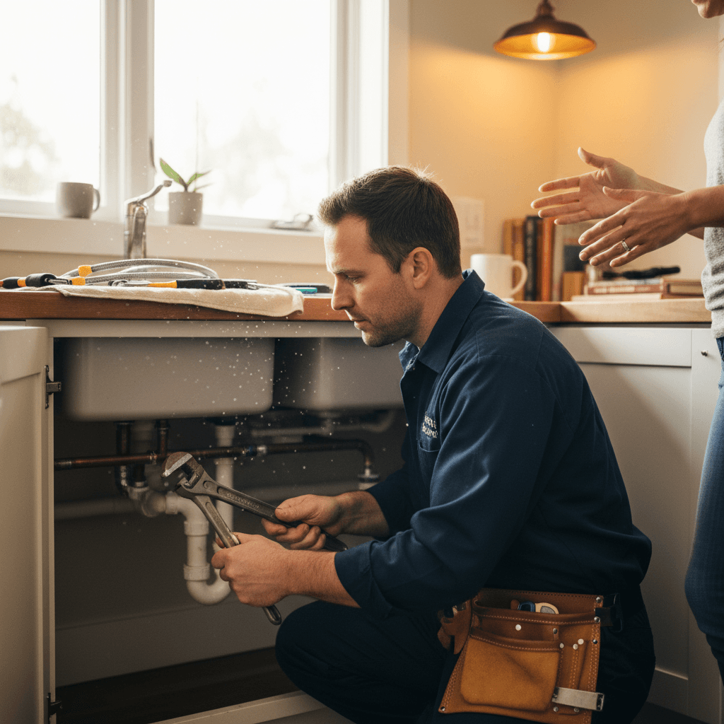 Plumber fixing pipe under sink