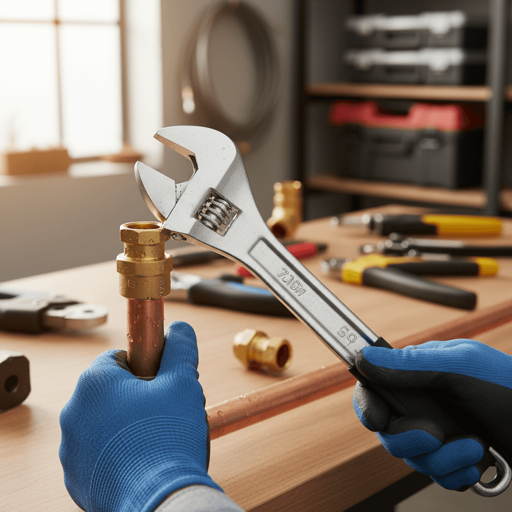 Plumber's hands tightening brass fitting on copper pipe with adjustable wrench in bright workshop setting
