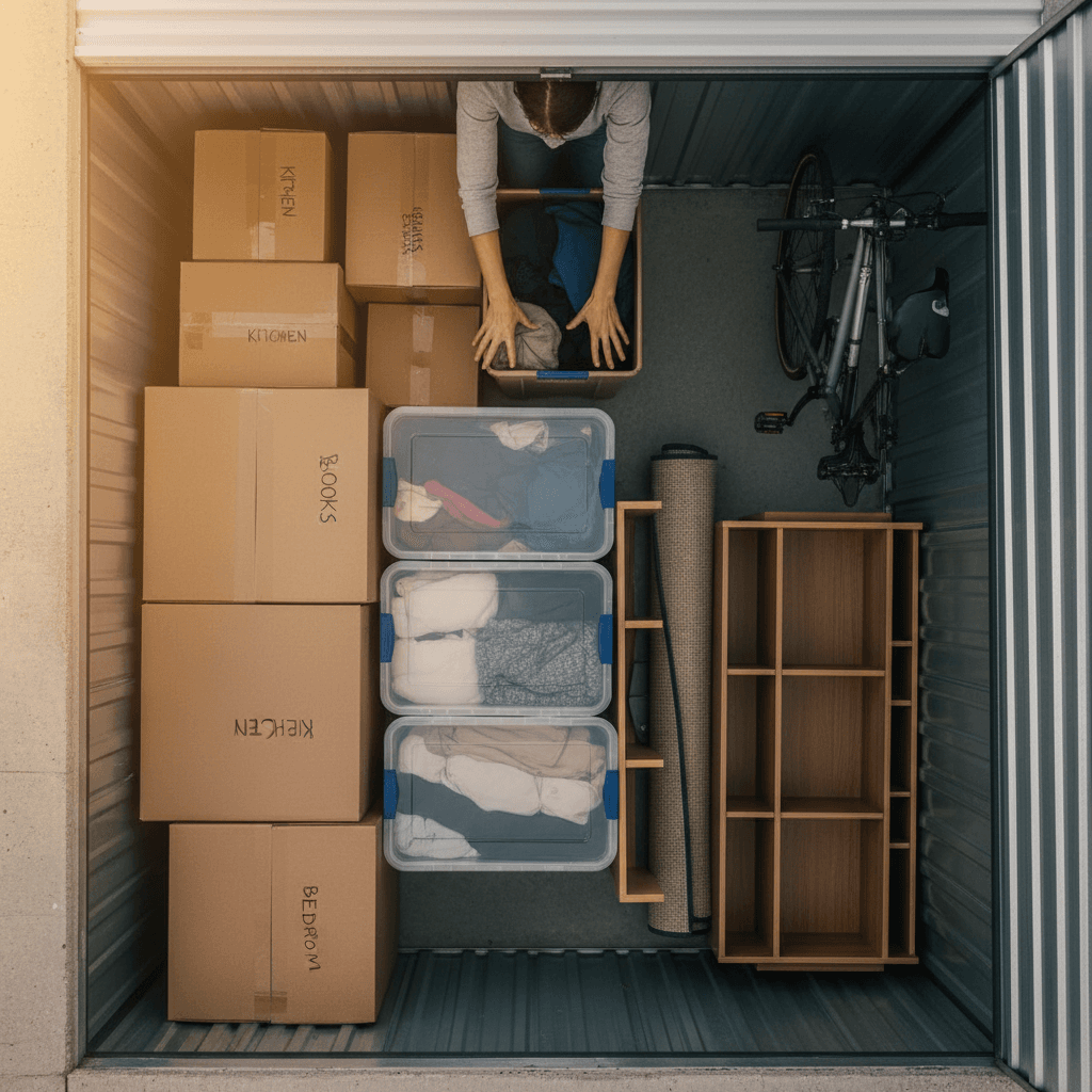 Overhead view of customer organizing cardboard boxes and household items inside climate-controlled storage unit