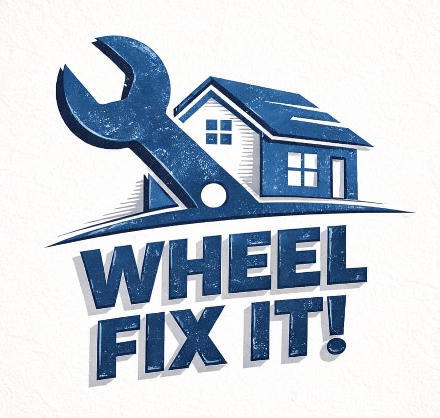 Textured blue logo featuring a wrench, house icon, and the text WHEEL FIX IT!